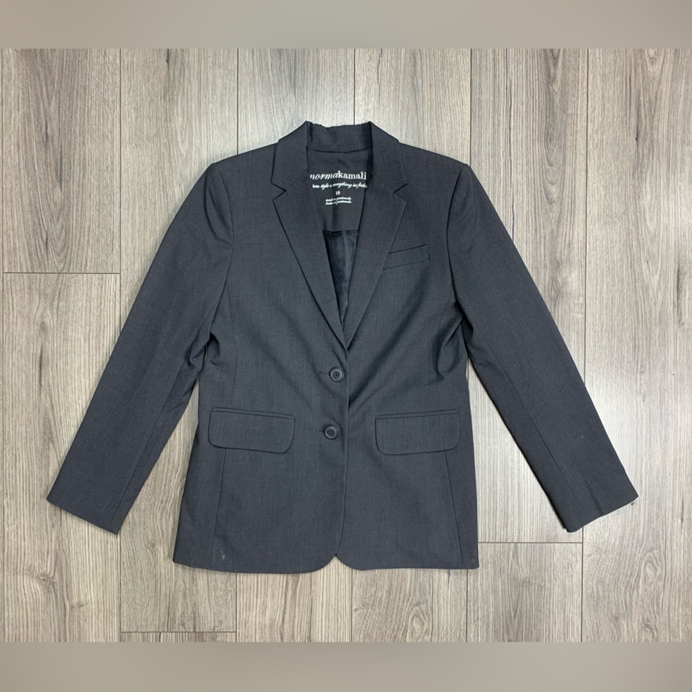 Norma Kamali Womens Suit Jacket Blazer Gray Stretch Button Long Sleeve Sz 10